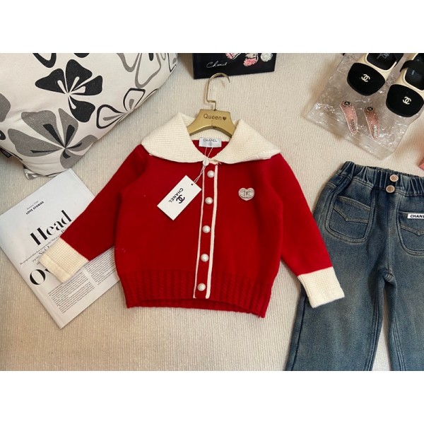 Chanel シャネルブランド子供服 女の子 セーターコート デニムパンツ 上下2点セット ガールズ長袖ニット デニムズボン(裏起毛) キッズ コート  トップス ジーンズ ワイドパンツ ゆったり ハイウエスト 着痩せ 90¬140cm