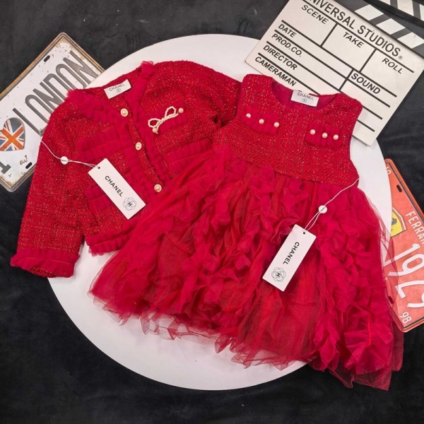 Chanel シャネルハイブランド入学式 女の子 フォーマル ワンピースセット 90-140cm 子供服 スーツ ツイード ドレス 気質 秋冬 チュールスカート エレガント 2点セット 入園 可愛い 学院風 ガールズ 洋服 発表会 卒業 