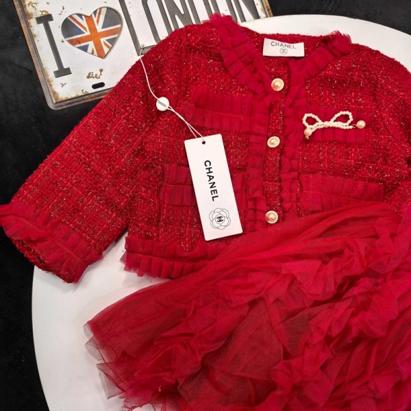 Chanel シャネルハイブランド入学式 女の子 フォーマル ワンピースセット 90-140cm 子供服 スーツ ツイード ドレス 気質 秋冬 チュールスカート エレガント 2点セット 入園 可愛い 学院風 ガールズ 洋服 発表会 卒業 