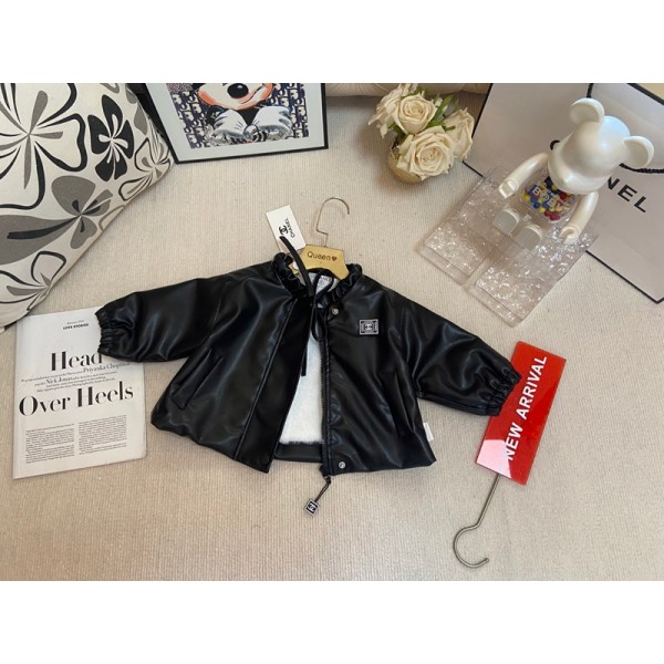 Chanel シャネルハイブランド ベビーレザージャケット キッズ 革ジャケット 裏起毛 ライダースジャケット 裏ボア 子ども アウター ボイーズ 皮コート 革ジャン 防風 防寒 73¬100cm 