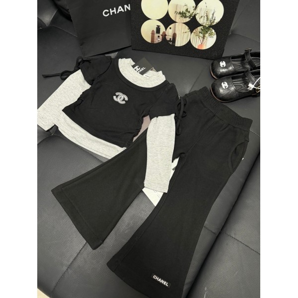 Chanel シャネルハイブランドｔシャツ子供服 長袖 女の子 セットアップ ワイドパンツ キッズ ジャージー ２点セット 長袖 トップス 無地 スウェット プルオーバー 韓国風 可愛い お洒落 90 100 110 120 130 140 150 160cm 