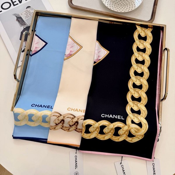 Chanel シャネルブランドパロディ スカーフ レディース 70×70cm 正方形 ネッカチーフ バンダナ ショール 髪飾り ヘッドバンド リボンスカーフ シルク風 バッグ飾り 巻き方 多機能 お洒落 通勤 海辺 旅行 春夏秋冬