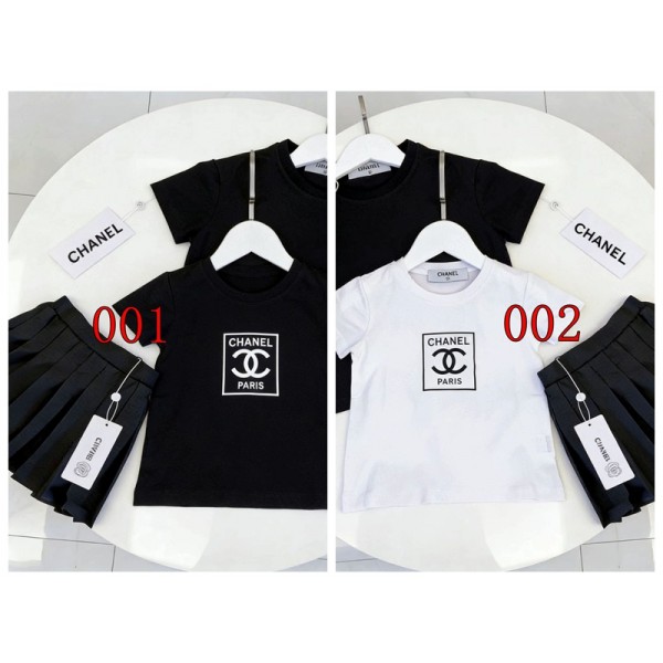 Chanel シャネルブランド子供服 女の子 半袖 tシャツ キュロットスカート 綿 夏服 ガールズ 上下セット 無地 トップス 90-160cm ショートパンツ スカート Aライン 半ズボン 2点 可愛い お洒落 