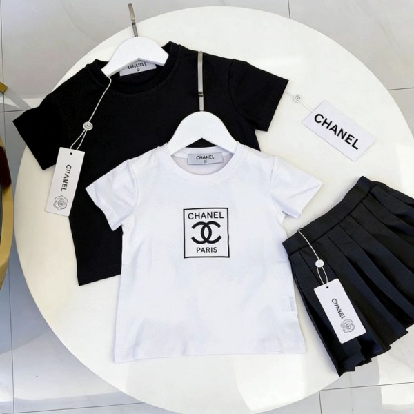 Chanel シャネルブランド子供服 女の子 半袖 tシャツ キュロットスカート 綿 夏服 ガールズ 上下セット 無地 トップス 90-160cm ショートパンツ スカート Aライン 半ズボン 2点 可愛い お洒落 