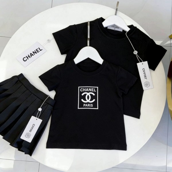Chanel シャネルブランド子供服 女の子 半袖 tシャツ キュロットスカート 綿 夏服 ガールズ 上下セット 無地 トップス 90-160cm ショートパンツ スカート Aライン 半ズボン 2点 可愛い お洒落 
