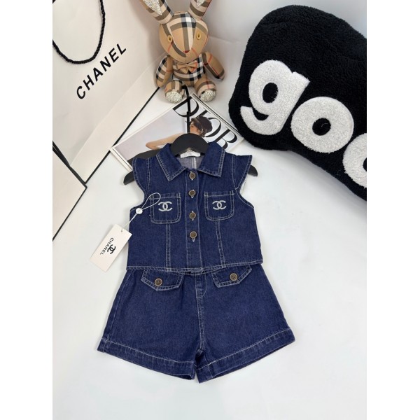 ブランドシャネルChanel デニム服 ノースリブ ショーツ 子供服 女の子 セットアップ  デニムタンクトップTシャツ 袖なし ポロネック 通気性 無地 セットアップ ２点セット 90¬150cm ショーツ 流行り 着痩せ ハイウエスト 膝上 普段着 通園 通学