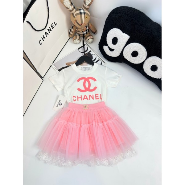 Chanel シャネルブランド子供服 女の子 セットアップ Tシャツ 夏服 半袖 チュールスカート 無地 キッズ  80¬130cm 上下セット ゆったり カジュアル 韓国 可愛い オシャレ 薄め 通学 普段着 運動着 春服