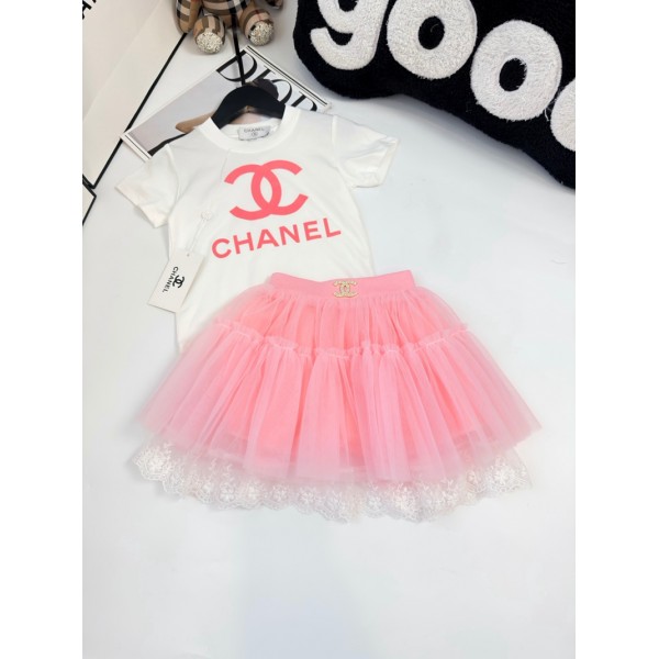 Chanel シャネルブランド子供服 女の子 セットアップ Tシャツ 夏服 半袖 チュールスカート 無地 キッズ  80¬130cm 上下セット ゆったり カジュアル 韓国 可愛い オシャレ 薄め 通学 普段着 運動着 春服