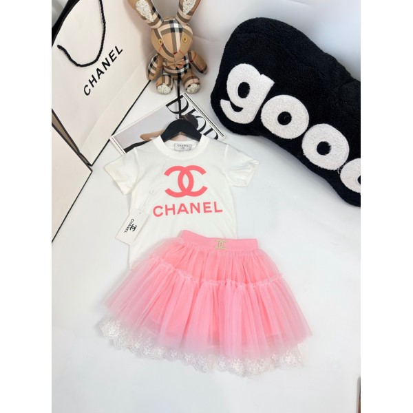 Chanel シャネルブランド子供服 女の子 セットアップ Tシャツ 夏服 半袖 チュールスカート 無地 キッズ  80¬130cm 上下セット ゆったり カジュアル 韓国 可愛い オシャレ 薄め 通学 普段着 運動着 春服