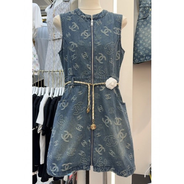 ブランドシャネルChanel レディースたんくワンピース カジュアル ノースリーブ デニム ドレス クルーネック ヴィンテージ ルーズ ロング ベスト ジーンズ ドレス ポケット付き