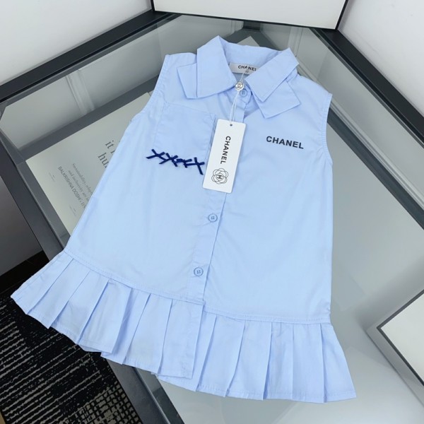 ブランドシャネル Chanel 女の子 ワンピース 夏 ノースリーブ 子供服 ガールズ  無袖ドレス ネック付き かわいい おしゃれ 夏服 通気性 可愛い リゾート 海辺 カジュアル キッズ服 90¬140cm