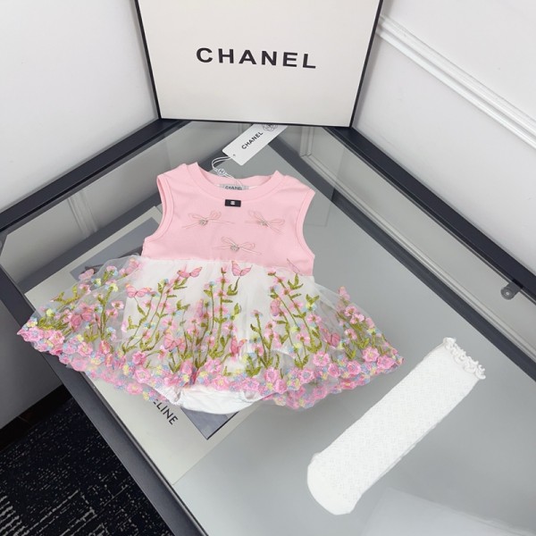 シャネルブランドChanel 赤ちゃん服 ベビードレス 女の子 ロンパース チュールスカート オシャレ 66¬90cm 花柄 フリル 可愛い ベビー服 髪飾り付き プリンセス 新生児 出産祝い プレゼント 結婚式 お食い初め