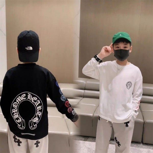 クロムハーツ Chrome Heartsブランドキッズ長袖tシャツ カットソー 子供服 ブランド春秋tシャツオーバーサイズ大人の上質トレーナー インナーtシャツ  ユニセック ブランド100 - 160CM