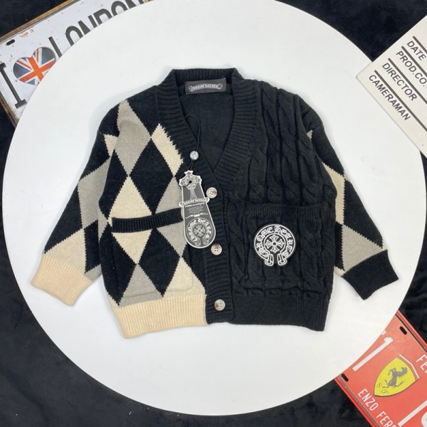 クロムハーツ Chrome Heartsブランド子供服 ニット カーディガン Vネック 長袖 セーター 90-150cm 子供 綿 キッズ ニットルコート 流行り 学生 通園通学 セミフォーマル ボーイズ 男の子 女の子 子ども 防寒 春秋冬