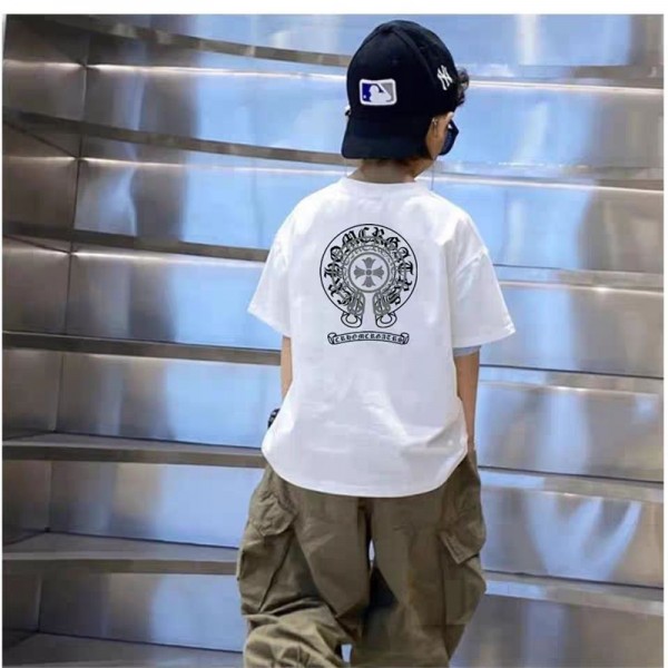 クロムハーツ Chrome Hearts tシャツハイブランド 綿Tシャツ キッズtシャツ 子供 半袖 丸首 ティーシャツ トップス ゆったり 無地 透け防止 体型カバー おしゃれ 110-160cm