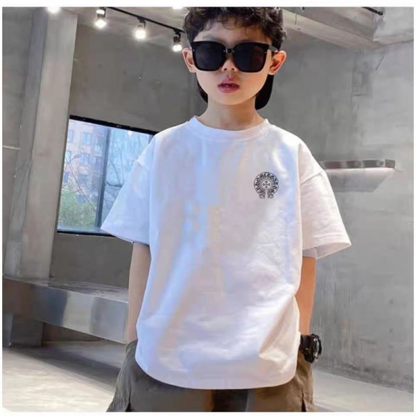 クロムハーツ Chrome Hearts tシャツハイブランド 綿Tシャツ キッズtシャツ 子供 半袖 丸首 ティーシャツ トップス ゆったり 無地 透け防止 体型カバー おしゃれ 110-160cm