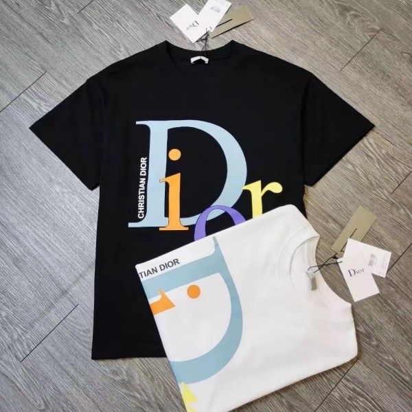 ディオールブランド tシャツ シンプル Diorロゴ コットン 半袖 tシャツ 定番 黒白2色 柔らかい 肌に優しい tシャツ 男女兼用 カジュアル 上着 トップス