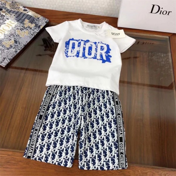 ディオールブランド tシャツ 半ズボン 上下セット キッズ  子供服スーツ ファッション 潮流 コットン 肌に優しい 半袖 tシャツ Dior定番プリント ハーフパンツ 90-160CM