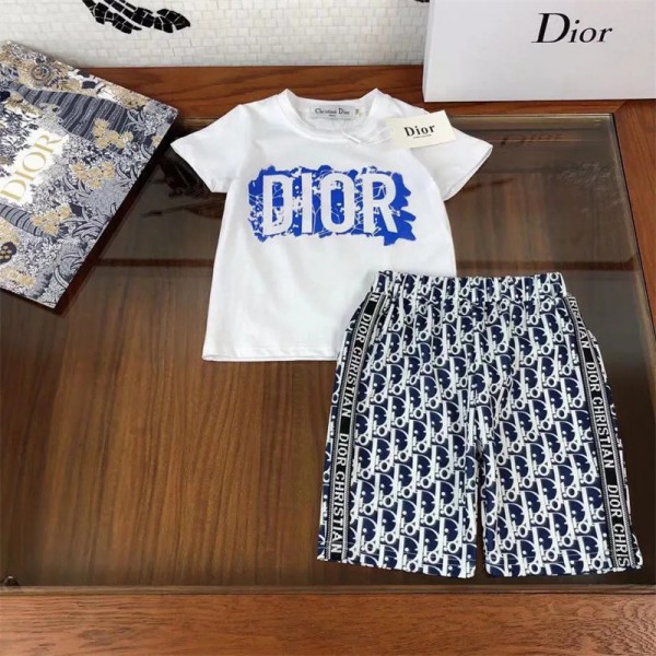 ディオールブランド tシャツ 半ズボン 上下セット キッズ  子供服スーツ ファッション 潮流 コットン 肌に優しい 半袖 tシャツ Dior定番プリント ハーフパンツ 90-160CM