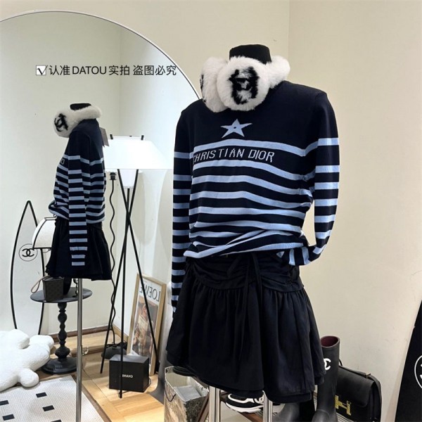 ブランド diorリブニット セーター レディース 秋春 ディオール ニットソー ボーダー カットソー トップス ニット 縦リブ 着痩せ 小顔 柔らかい 高伸缩 薄手 長袖 カジュアル シンプル 春秋 冬