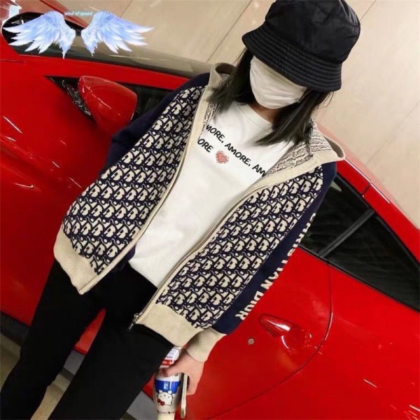 Dior ディオールハイブランドカーディガン レディース 羽織り ジッパー クラシック 長袖 ニットトップス ファスナー リブ アウター セーター 前開き 通勤 カジュアル シンプル 暖かい レトロ 秋 冬 春