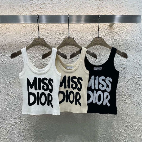 Dior ディオールハイブランドレディースニットベストトップス ノースリーブ ショート丈 おへそ出し重ね着 夏キャミソールTシャツ 薄手 ニットキャミソール かわいい S - L