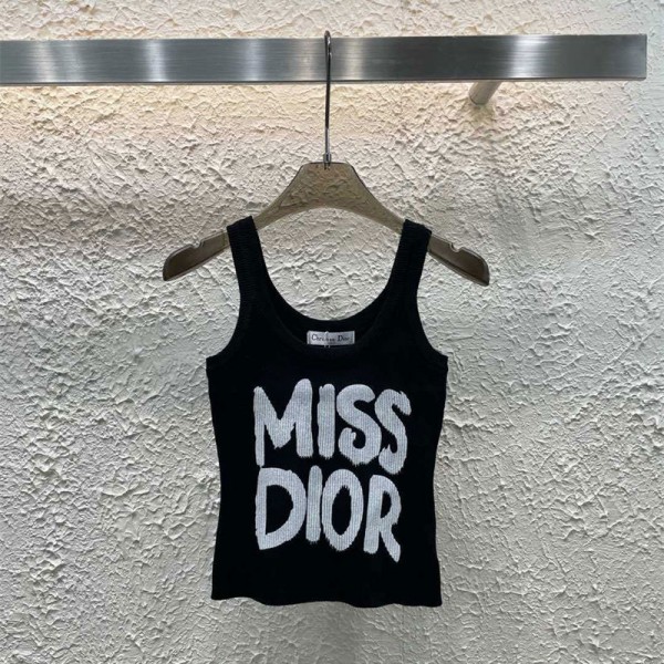 Dior ディオールハイブランドレディースニットベストトップス ノースリーブ ショート丈 おへそ出し重ね着 夏キャミソールTシャツ 薄手 ニットキャミソール かわいい S - L