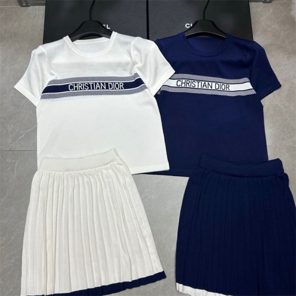 Dior ディオールブランドレディース ニットｔシャツ S-XL スカート セットアップ ニット カットソー 2点セット プルオーバー トップス 上下セット ハーフスカート ドレス フレア カジュアル 切り替え ロング ゆったり 