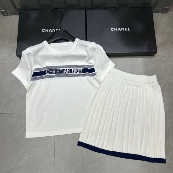 Dior ディオールブランドレディース ニットｔシャツ S-XL スカート セットアップ ニット カットソー 2点セット プルオーバー トップス 上下セット ハーフスカート ドレス フレア カジュアル 切り替え ロング ゆったり 