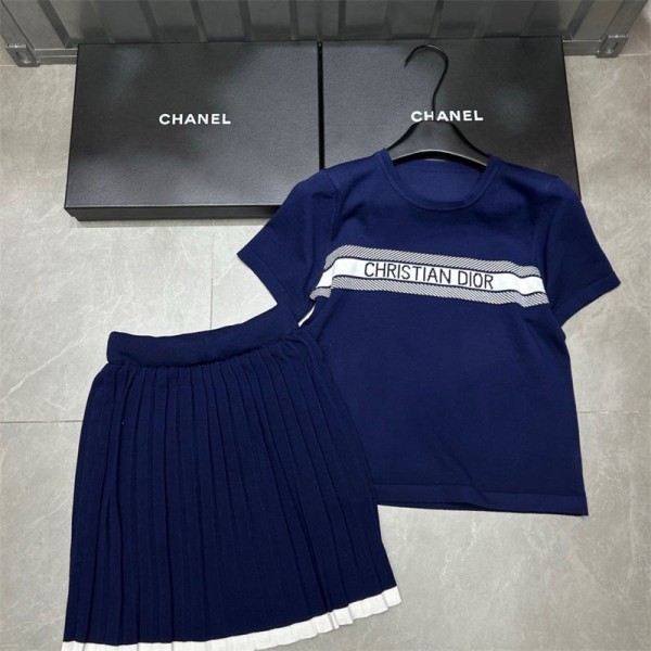 Dior ディオールブランドレディース ニットｔシャツ S-XL スカート セットアップ ニット カットソー 2点セット プルオーバー トップス 上下セット ハーフスカート ドレス フレア カジュアル 切り替え ロング ゆったり 