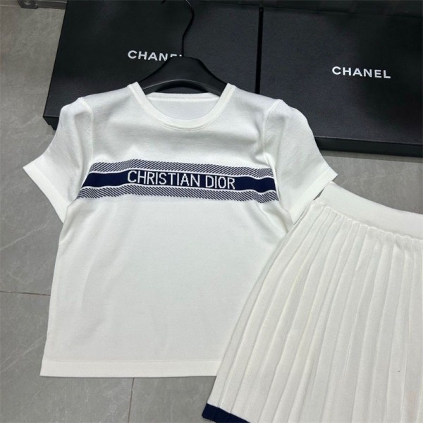 Dior ディオールブランドレディース ニットｔシャツ S-XL スカート セットアップ ニット カットソー 2点セット プルオーバー トップス 上下セット ハーフスカート ドレス フレア カジュアル 切り替え ロング ゆったり 