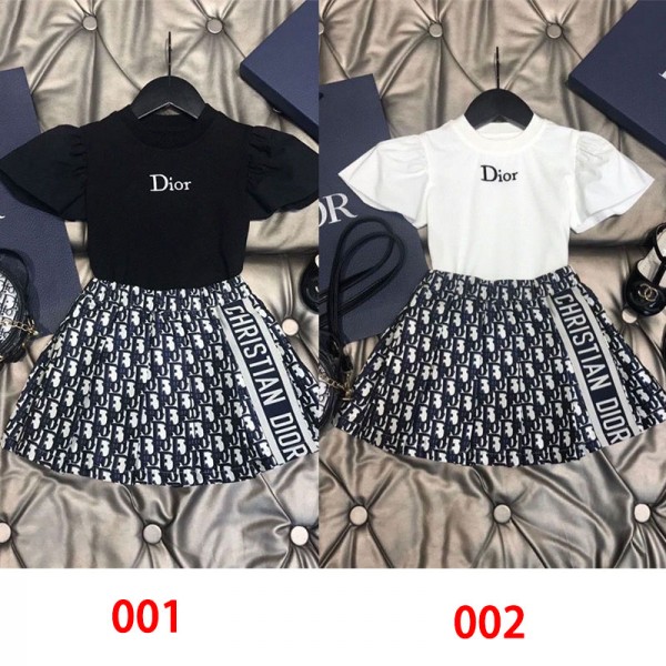 Dior ディオール夏tシャツブランド子供服 女の子 半袖 tシャツ スカート 綿 夏服 ガールズ 上下セット トップス ショートパンツ スカート Aライン 半ズボン 2点 可愛い 90 - 160cm