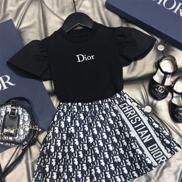 Dior ディオール夏tシャツブランド子供服 女の子 半袖 tシャツ スカート 綿 夏服 ガールズ 上下セット トップス ショートパンツ スカート Aライン 半ズボン 2点 可愛い 90 - 160cm