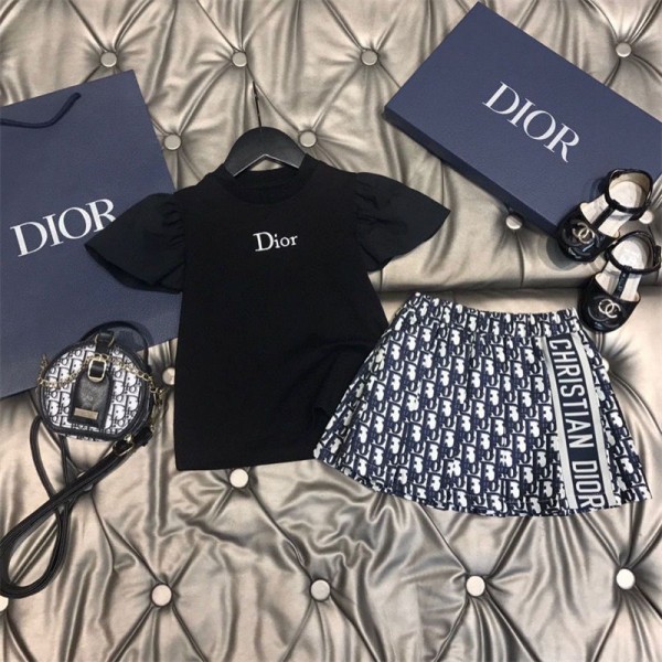 Dior ディオール夏tシャツブランド子供服 女の子 半袖 tシャツ スカート 綿 夏服 ガールズ 上下セット トップス ショートパンツ スカート Aライン 半ズボン 2点 可愛い 90 - 160cm