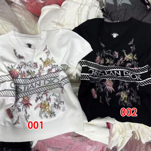 Dior ディオールニットtシャツハイブランドサマーニット Tシャツ レディース 丸首 半袖 薄手 ゆったり 着痩せ セーター トップス 柔らかい 通気 カジュアル シンプル おしゃれ 上品 通勤 春 夏