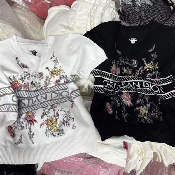 Dior ディオールニットtシャツハイブランドサマーニット Tシャツ レディース 丸首 半袖 薄手 ゆったり 着痩せ セーター トップス 柔らかい 通気 カジュアル シンプル おしゃれ 上品 通勤 春 夏