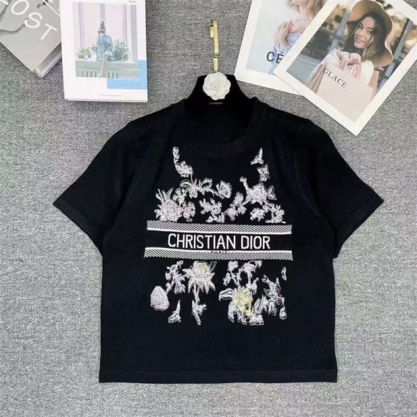Dior ディオールニットtシャツハイブランドサマーニット Tシャツ レディース 丸首 半袖 薄手 ゆったり 着痩せ セーター トップス 柔らかい 通気 カジュアル シンプル おしゃれ 上品 通勤 春 夏