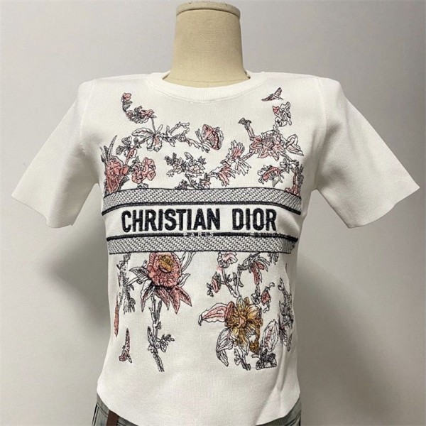 Dior ディオールニットtシャツハイブランドサマーニット Tシャツ レディース 丸首 半袖 薄手 ゆったり 着痩せ セーター トップス 柔らかい 通気 カジュアル シンプル おしゃれ 上品 通勤 春 夏