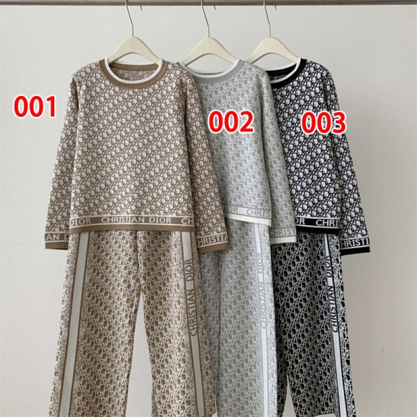 Dior ディオールハイブランド レディース 2点セット ニットセットアップ S - 2XL ニットトップス＋ワイドパンツ 長袖 プルオーバー セーター & ワイドズボン スウェットパンツ