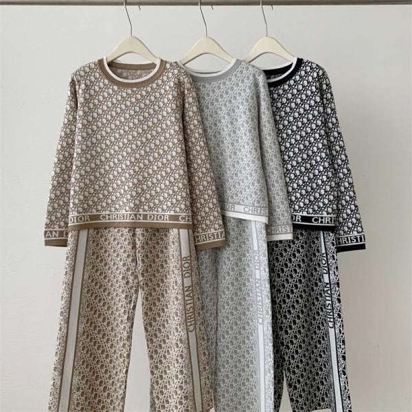 Dior ディオールハイブランド レディース 2点セット ニットセットアップ S - 2XL ニットトップス＋ワイドパンツ 長袖 プルオーバー セーター & ワイドズボン スウェットパンツ