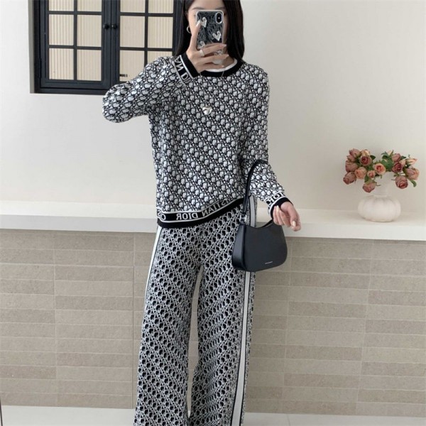 Dior ディオールハイブランド レディース 2点セット ニットセットアップ S - 2XL ニットトップス＋ワイドパンツ 長袖 プルオーバー セーター & ワイドズボン スウェットパンツ