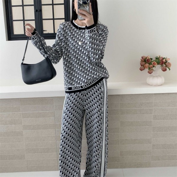 Dior ディオールハイブランド レディース 2点セット ニットセットアップ S - 2XL ニットトップス＋ワイドパンツ 長袖 プルオーバー セーター & ワイドズボン スウェットパンツ