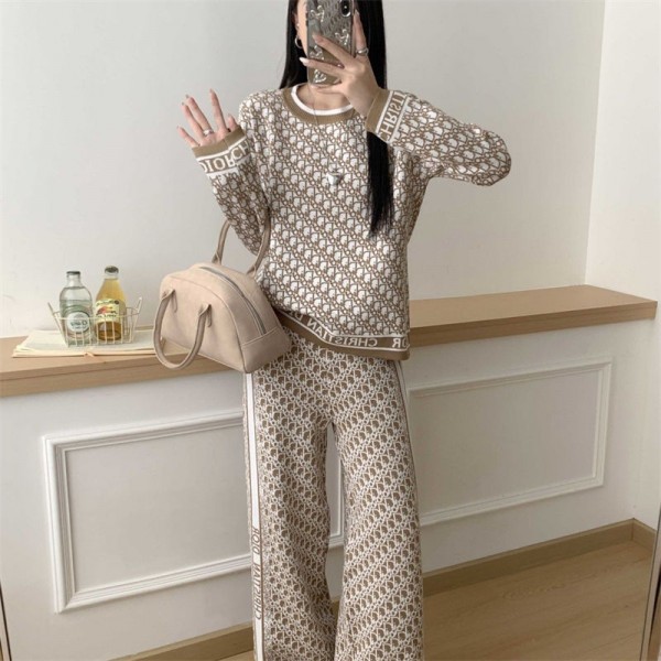 Dior ディオールハイブランド レディース 2点セット ニットセットアップ S - 2XL ニットトップス＋ワイドパンツ 長袖 プルオーバー セーター & ワイドズボン スウェットパンツ