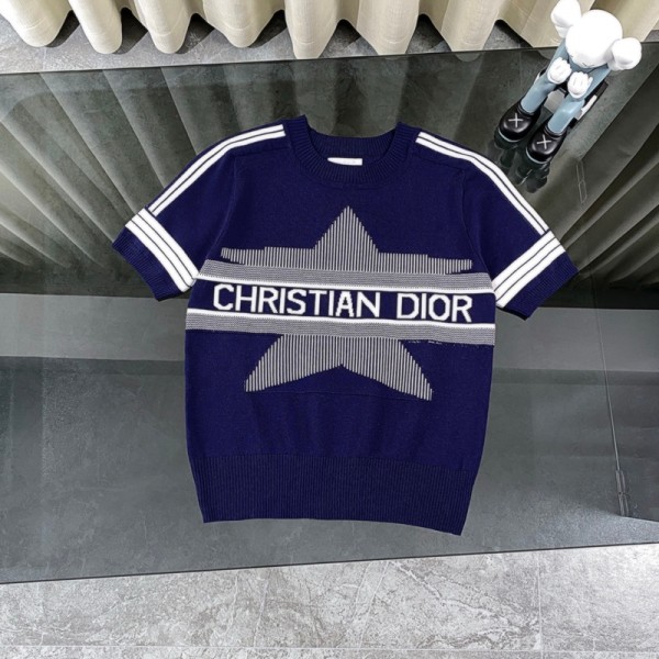 Dior ディオールブランドレディース サマーニット 短袖 薄手 春ニット 春夏 着回し 高見え 透けない 軽い薄手 ニット セーター 夏半袖 プルオーバー シンプル 星の柄 半袖 ニット 春 夏 トップス クルーネック 40¬60kg以内