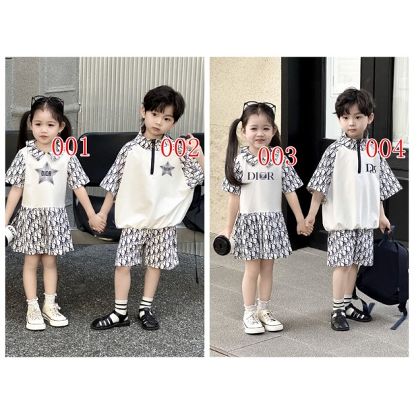 Dior ディオールブランドキッズ服 半袖Tシャツ&ショートパンツ セットアップ 女の子 ワンピース 男の子 上下セット 総柄ロゴ コンビ 兄弟コーデ 100-160cm 姉妹コーデ 夏服 ベビー服 子供服 お揃い おしゃれ