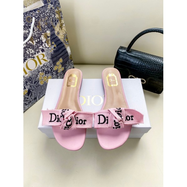 Dior ディオールハイブランドスリッパ ピンクリボンロゴ付きフラットスライドサンダル レディース カジュアル ビーチサンダル 室内スリッパ 通勤 夏 お出かけ 柔らか履き心地 225~250mm