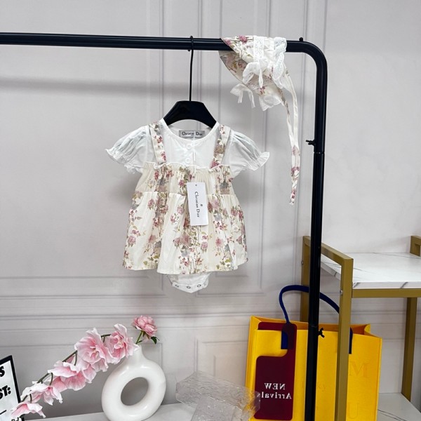 ブランドディオールベビー服 ボディースーツ Dior半袖ワンピース女の子夏 チュールスカートカバーオール髪飾り 赤ちゃん出産準備贈り物フリル 花柄 ベージュ 66~90cm
