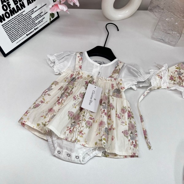 ブランドディオールベビー服 ボディースーツ Dior半袖ワンピース女の子夏 チュールスカートカバーオール髪飾り 赤ちゃん出産準備贈り物フリル 花柄 ベージュ 66~90cm