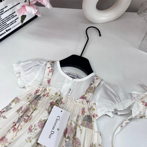 ブランドディオールベビー服 ボディースーツ Dior半袖ワンピース女の子夏 チュールスカートカバーオール髪飾り 赤ちゃん出産準備贈り物フリル 花柄 ベージュ 66~90cm