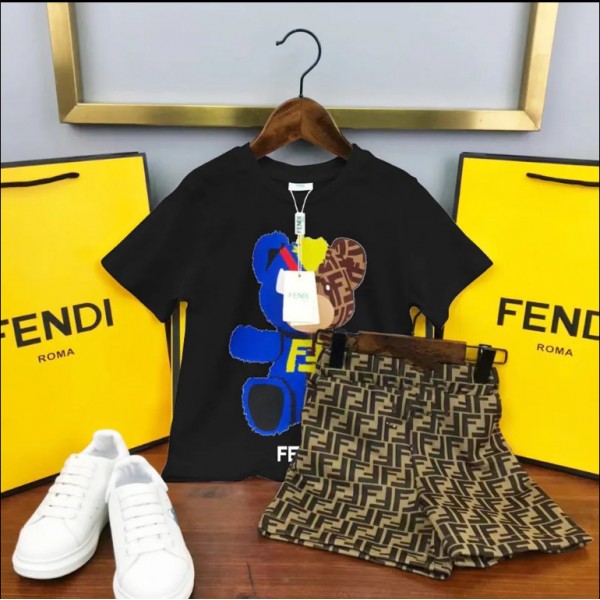 フェンディブランド子供 tシャツ 半ズボン 上下セット かわいい クマ柄 半袖 tシャツ 定番FFロゴ 半ズボン ストレッチウェストパンツ 子供服 夏カジュアル スーツ